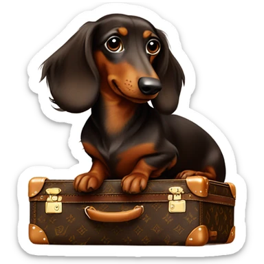 Long haired Brown dachs full body with Louis Vuitton suitcase sticker