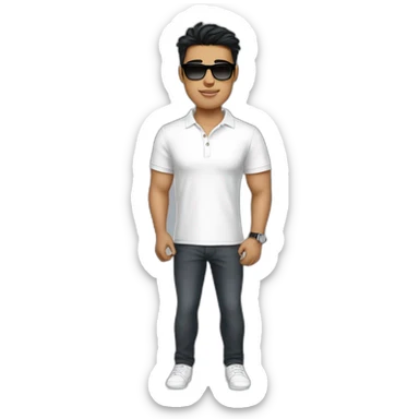 A young man,  who looks like bisnessman, wears white polo t-shirt and luxury watches. Black hair, white skin. Wears raybans. Emoji style sticker