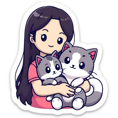 Girl with straight black long hair hugging a colorpoint ragdoll plush toy and a tricolor long-haired cat sticker