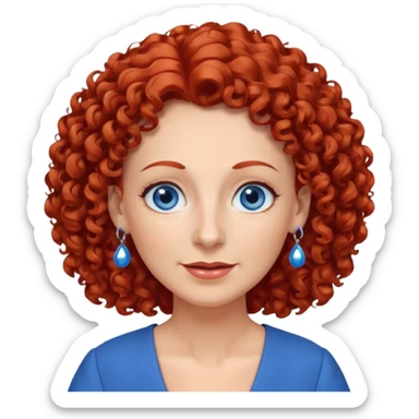 una profesora mayor simpática con el pelo rojo rizado, ojos azules, vestido azul y pendientes azules hablando sticker