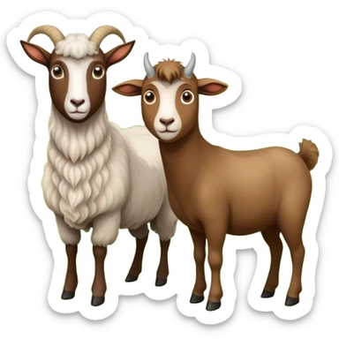 Icon for Domestic Hooved Animals: A gentle collage featuring a brown goat with large, curious eyes, a calm sheep with soft wool and a horse with a flowing mane. Background with a green pasture and a few hay bales. Transparent background. sticker