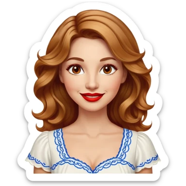 Artistic woman in her 40s with bright complexion, round face, big lively light brown eyes, wide friendly smile, vibrant red lips, voluminous wavy dark blonde hair with highlights to shoulders, white summery dress with blue embroidery and electric blue neckline sticker