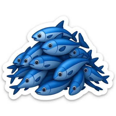 Create a large, loosely pyramid-shaped pile of blue fish in the style of iPhone Apple emojis, blending between 2D and 3D appearance, with a transparent background, variation 1. sticker