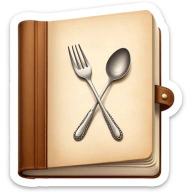 Cookbook with crossed fork and spoon emblem on its cover, recipe collection sticker
