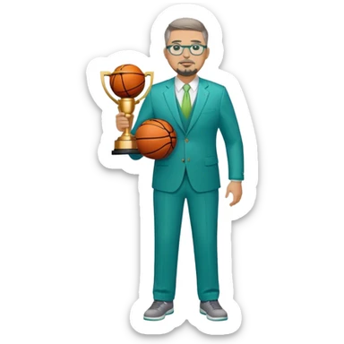 Full Body white plus size man  wearing glasses with a goatee with light brown and gray short hair basketball head Coach in blue and green suit holding trophy sticker