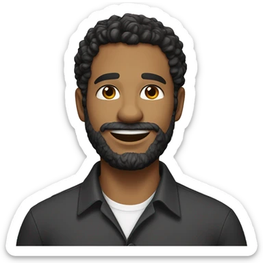 A man with short, curly dark hair and a neatly trimmed beard. He is wearing a dark button-up shirt with a collar and white buttons. The expression on his face is neutral with a slight smile, conveying a friendly and approachable demeanor sticker