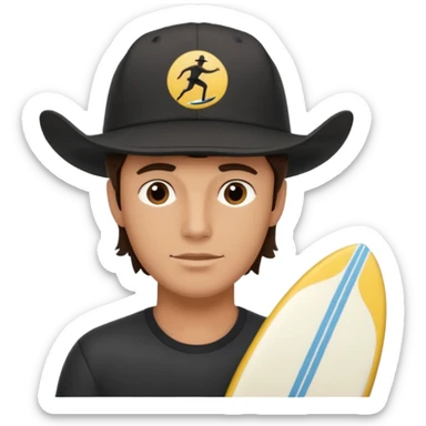 Male brunette movie producer black baseball hat with surfing cowboys written on hat  sticker