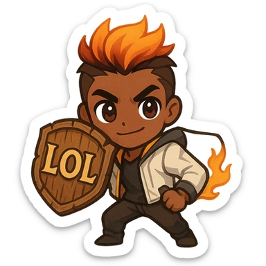 Create a chibi style illustration of Phoenix from Valorant with large eyes and a small figure. Use typical fiery hair color and depict a confident pose different from the original. Include a comic-art style wooden shield that looks slightly rustic and handmade. On the shield, add the text 'LOL' in bold, clear, slightly ornate lettering. The image should have clear lines and a friendly, energetic vibe. Make it emoji-compatible at 128x128 px. sticker