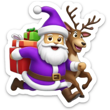 Santa Claus dressed in purple running with the reindeer to deliver the presents sticker