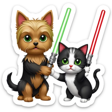 yorkshire terrier holding a green lightsaber and fighting with a black and white cat holding a red lightsaber sticker