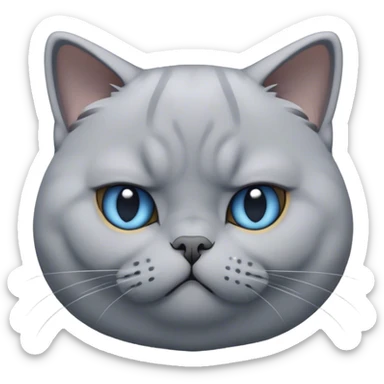Cinematic Bored Grey British Shorthair Cat Portrait Emoji, Head tilted with a scrunched, utterly disinterested expression, sleek soft grey fur with subtle blue undertones, Simplified yet sharp features, highly detailed, glowing with a dull, indifferent glow, high shine, poised but exuding a sense of boredom, stylized with an air of subtle annoyance, focused yet clearly uninterested, soft glowing outline, capturing the essence of a bored yet adorably snarky kitty, so lifelike it feels like it could roll its eyes and sigh dramatically at any moment! sticker