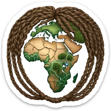 earth globe made of afro braids, wavy hair, and other hairstyles, continents filled with multi-skin-tone colors, olive branches and electronic circuit patterns surrounding sticker