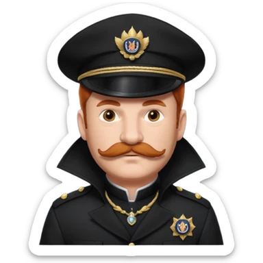 An auburn-hair'ed admiral with a flawless bear and mustache wearing a black admiral outfit and hat with Wolf Ears coming out of the hat, and 9 wolf tails behind him, with the admiral black shirt featuring on the left breast pocket the insignia of Helldivers 2. sticker