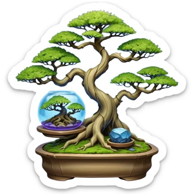 Cracked Futuristic wild glowing space alien moss maples shohin Bonsai hair-pine-leaf group multi faceted intricate hobbit-inspired boxwood purple blue informal rocky cliffhanger eight trees forest planting in shallow willow slab style pot with big animal-like feet  sticker