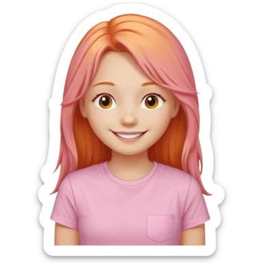 The girl with long orange hair is very happy. Make the girl similar with the reference picture. Change her sweat. Make it pastel pink t-shirt. sticker