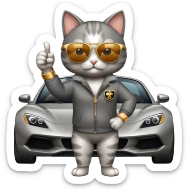 cat wearing sunglasses and a watch giving a thumbs up next to a fancy car sticker