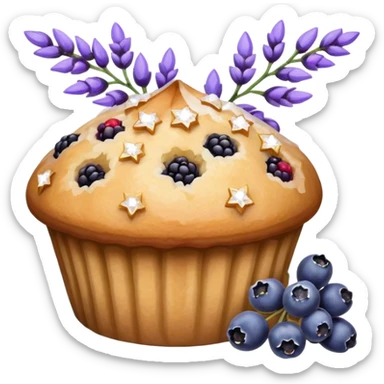 Lavender flower sprig muffin with berries and crystallized sugar sticker