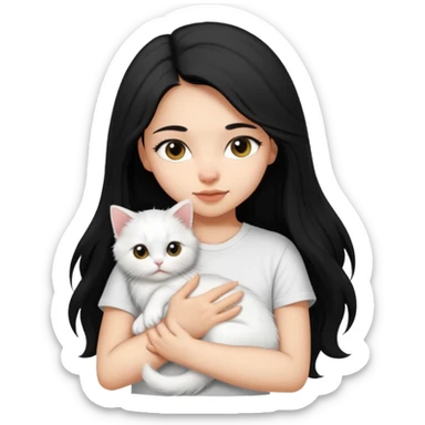 a girl with long dark black hair, in a white t-shirt, hugs a persian kitten 3 months old black and white one cat. emoji | AI Emoji Generator sticker
