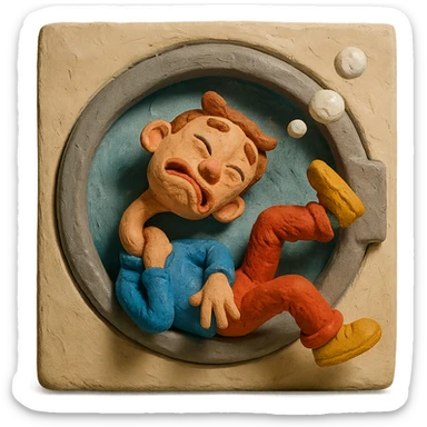 a character with exaggerated neck bend, spinning and tumbling inside a washing machine, bubbles and dizzy face sticker