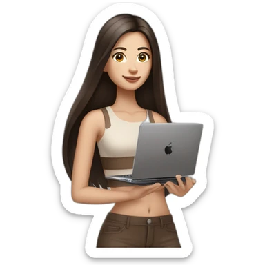 Beautiful woman, white skin,  long straight hair dark brown, dark brown eyes, with an iphone 14 pro max and a laptop, with basic outfit in nude color and comfy sticker