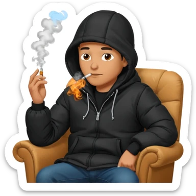 A man sitting on a chair, wearing a black puffed coat with hood, hands in his pocket, smoking a cigaret, he is on a chair i sticker