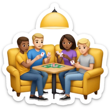 group of friends on couch playing a card game couch should be deep dark yellow color sticker