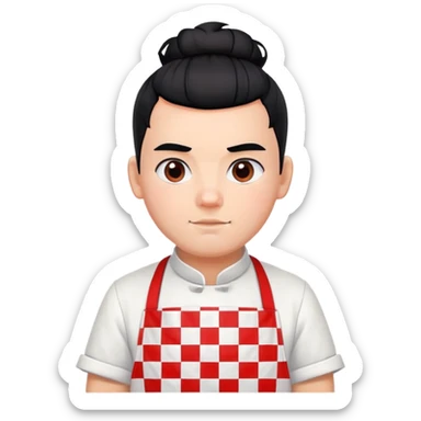 big boy with black hair in a topknot, wearing a white apron with red squares pattern sticker