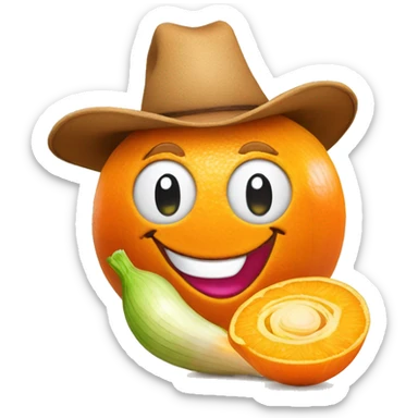 smiling orange onion wearing a cowboy hat sticker