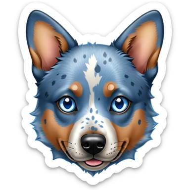 Cinematic Noble Blue Speckle Australian Cattle Dog Portrait Emoji, Poised and regal, with a robust, athletic build and a striking blue speckle Fur, piercing blue eyes, Simplified yet sharp and sophisticated features, highly detailed, glowing with a cool, dignified glow, high shine, intelligent and hardworking, stylized with an air of precision, focused and attentive, soft glowing outline, capturing the essence of a watchful and determined herder, so majestic it feels as though it could leap out of the screen with effortless authority! sticker