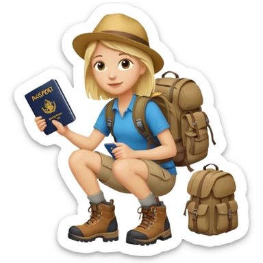 blonder haired Traveler character with passport, backpacker,  sticker