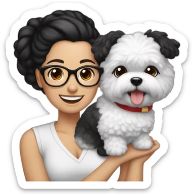 woman-black-hair-bun-with glasses-with bichon dog-white-smile-Christmas sticker