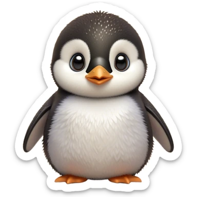 Cinematic Cute Baby Penguin Portrait Emoji, Head tilted playfully and inquisitively, with irresistibly fluffy plumage accented by a tiny beak and round, sparkling eyes filled with wonder, Simplified yet irresistibly adorable features, highly detailed, glowing with a warm, friendly polar glow, high shine, affectionate and lively, stylized with a touch of whimsical charm, bright and endearing, soft glowing outline, capturing the essence of a mischievous yet loving penguin that feels like it could slide out of the screen into your arms! sticker