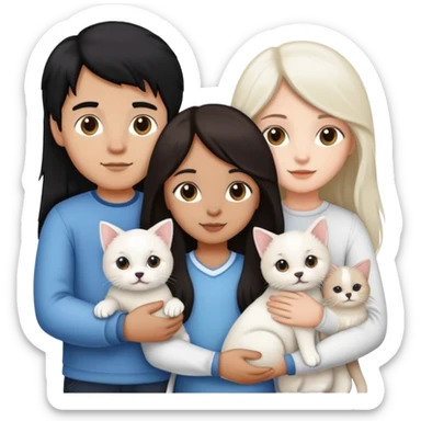 A couple holding hands, the boy holdin a cat and the girl holding a white puppy. she has long brown hair and he has black hair sticker