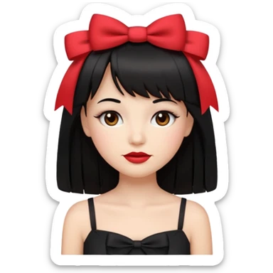 emoji feminino branca com cabelo longo, preto, liso e com franja. olhos castanhos. no rosto maquiagem com blush, cílios, delineador e batom vermelho. usando uma blusa preta com alças finas e um laço branco de cada lado sticker
