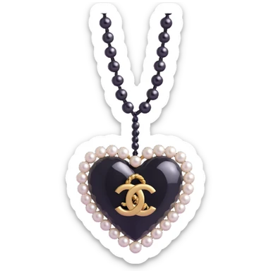 Add a string of pearls around the heart, keep the black Chanel logo, elegant, glossy, black and white, 3D emoji style, with no background sticker