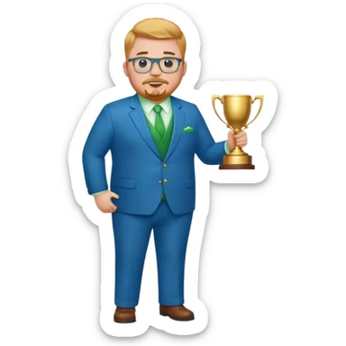 Full Body white fat male  wearing glasses with a goatee with strawberry blond very short hair basketball head Coach in blue and green suit holding trophy sticker