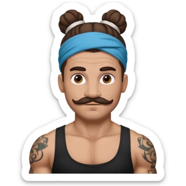 single big bun brunette hair man and mustache and face tattoos very heavy and headband sticker