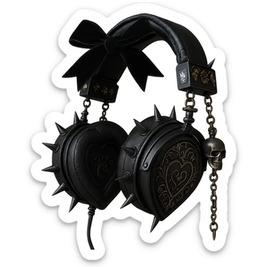 Add spiked hoops, a dangling skull charm, and a velvet ribbon to the realistic black gothic headphones with heart-shaped ear cups, metallic chains, and gothic engravings. Keep the background transparent. Maintain the realistic black gothic style with metallic and velvet textures. sticker