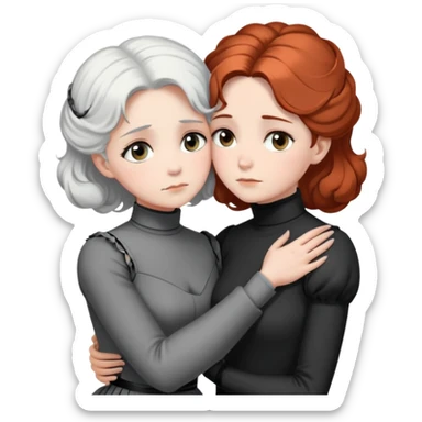 Two Victorian women with grey eyes in a sad, intimate hug. One has bright white coiffed hair, one has dark copper coiffed hair. Both wearing Victorian turtleneck dresses with arms tightly around each other. sticker