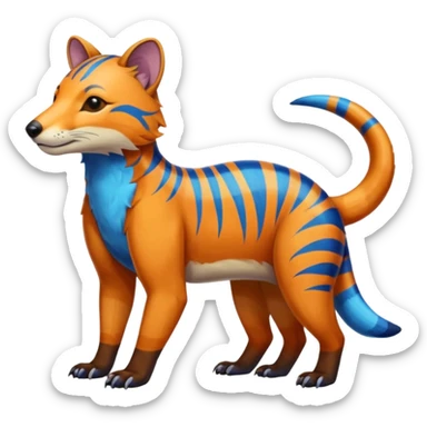 Colorful brown with blue and orange tropical exotic shiny beautiful fantasy-Thylacine-Vernid-Cacomistle-Oncilla-animal-Fakémon-hybrid-fursona (full body) sticker