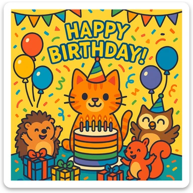 vibrant-toon style birthday party scene with a rainbow color theme including rainbow balloons, multicolored decorations, confetti, a large rainbow birthday cake, gifts, and a festive atmosphere. Main character is a ginger tabby kitten wearing a birthday hat, surrounded by a hedgehog, owl, and squirrel also celebrating. Prominent 'Happy Birthday!' message included in the scene. sticker