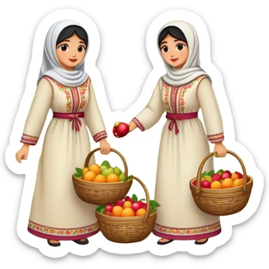 A nostalgic and culturally rich scene of Palestinian women dressed in traditional embroidered thobes harvesting fruit in an orchard. Their vibrant and intricately designed dresses reflect deep heritage, while their coordinated efforts—picking, sorting, and collecting fruit in a woven basket sticker