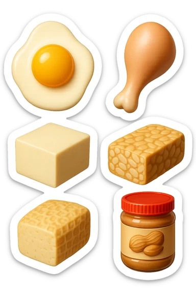 EMOJI STILE IPHONE DI
 uova, pollo, tofu, tempeh, burro di arachidi
, fluttuano in aria REALISTICA 4K sticker
