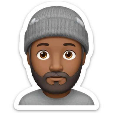 A dark-skinned, oval face shape with soft rounded chin. man with a gray beanie, brown eyes, and a dark gray beard, wearing a calm expression. sticker