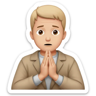 anxious man with hands clasped together in prayer position with worried expression sticker