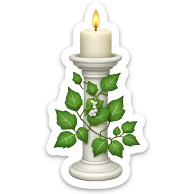 A candle-stand-pedestal made out of howlite stone with ivy vine leaves poking out on one side sticker