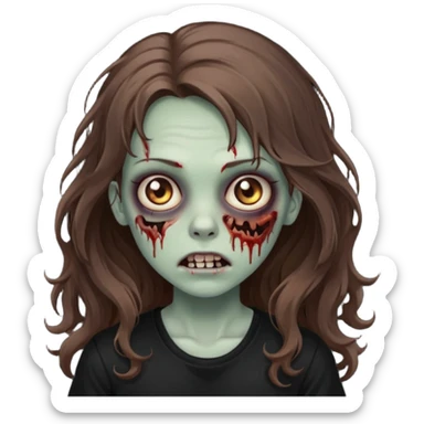 crie um emoji de uma garota zoombie cabelo castanho e longo , assustadora e fofa com cabelo ondulado 2b e camiseta básica preta sticker