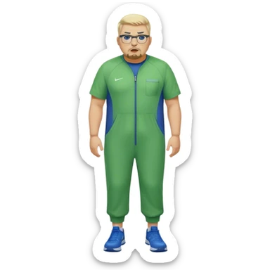 Full Body white male plus size wearing glasses with a goatee with light blonde and gray very short hair angry head Coach in blue and green Nike jump suit sticker