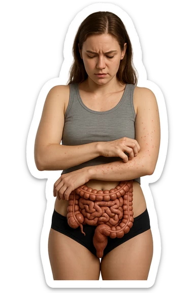 DONNA REALISTICA CON INTESTINO UMANO ANATOMICO REALISTICO CHE SI GRATTA IL BRACCIO SU CUI HA DELLE PUSTOLE ROSSE DI ALLERGIA, FIGURA INTERA, IPERREALISTICA 4K sticker