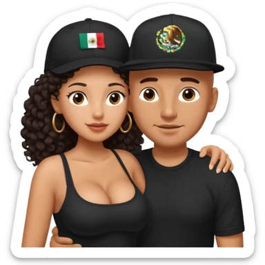 A picture of an embracing tanned couple. the man is a Mexican man with tanned skin, with a bald hair cut wearing a SnapBack hat and a black shirt. the woman is shorter, with long curly dark brown hair and with big boobs   sticker